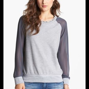 Gibson Jeweled Neckline Sheer Sleeve Gray Top